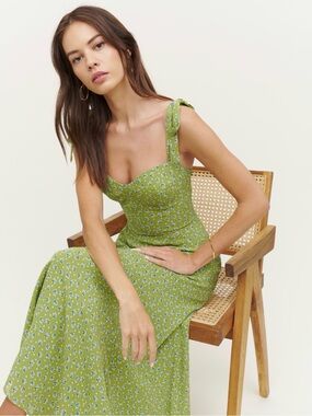 Reformation Nadira Green Floral Dress with Tie Straps